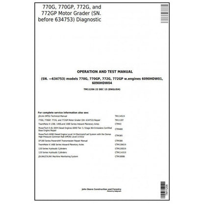 TM11206 John Deere 770G, 770GP, 772G, 772GP Motor Grader Pdf Diagnostic, Operation and Test Service Manual
