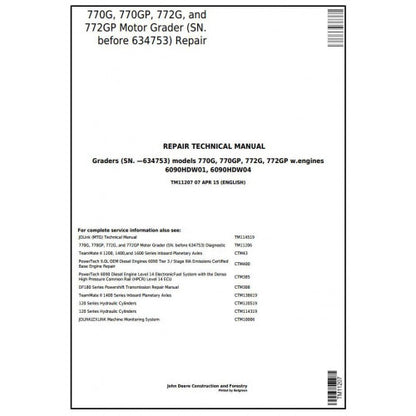 TM11207 John Deere 770G, 770GP, 772G, 772GP Motor Grader Pdf Repair Service Technical Manual