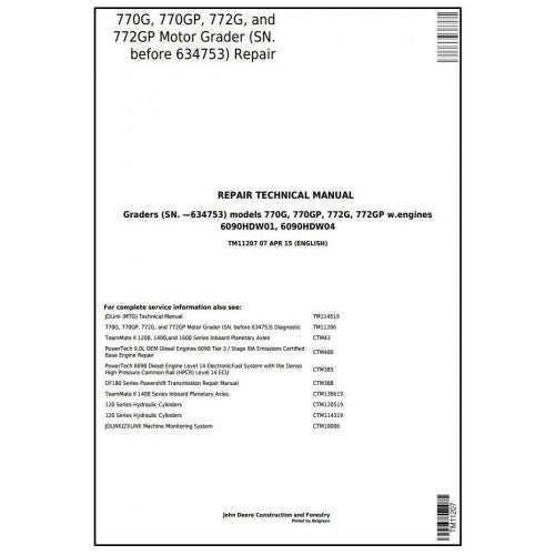 TM11207 John Deere 770G, 770GP, 772G, 772GP Motor Grader Pdf Repair Service Technical Manual