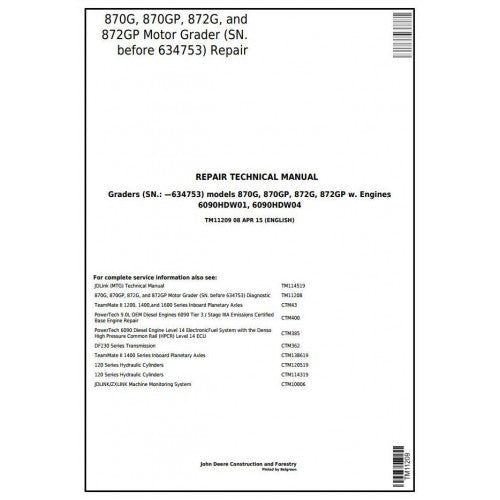 TM11209 John Deere 870G, 870GP, 872G, 872GP Motor Grader Pdf Repair Service Technical Manual