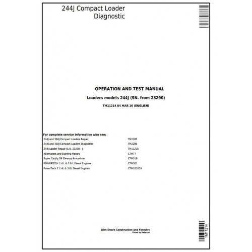 TM11214 John Deere 244J Compact Loader Pdf Diagnostic, Operation and Test Service Manual