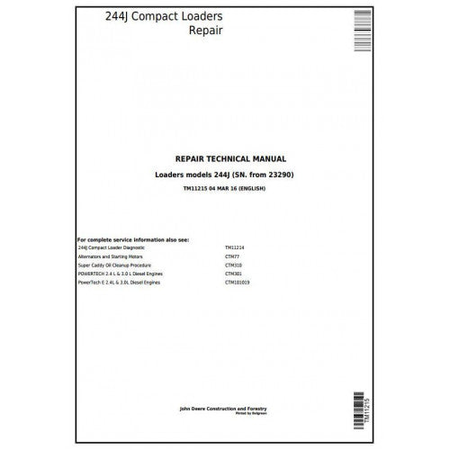 TM11215 John Deere 244J Compact Loader Pdf Repair Service Technical Manual