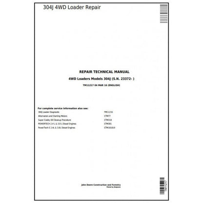 TM11217 John Deere 304J 4WD Loader Pdf Repair Service Technical Manual