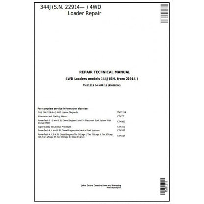 TM11219 John Deere 344J 4WD Loader Pdf Repair Service Technical Manual