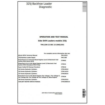 TM11299 John Deere 325J Side Shift Loader Pdf Diagnostic, Operation and Test Service Manual
