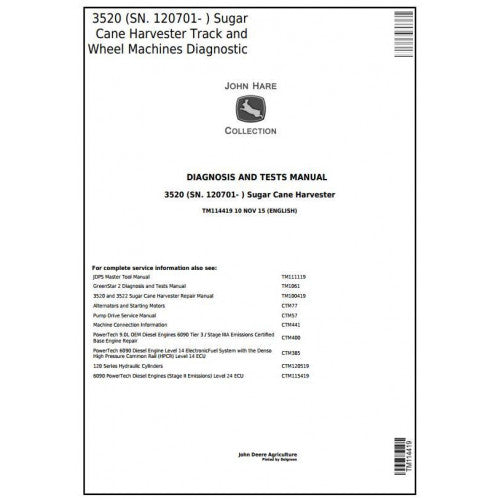 TM114419 John Deere 3520 Track & Wheel Sugar Cane Harvester Pdf Diagnosis and Tests Service Manual