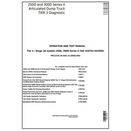 TM11516 John Deere 250D, 300D Ser.2 Articulated Dump Truck Pdf Diagnosis and Tests Service Manual