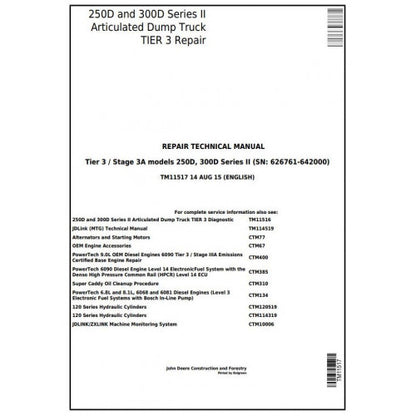 TM11517 John Deere 250D, 300D Articulated Dump Truck Pdf Repair Service Technical Manual