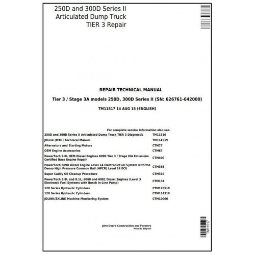 TM11517 John Deere 250D, 300D Articulated Dump Truck Pdf Repair Service Technical Manual