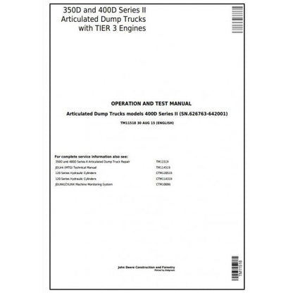 TM11518 John Deere 350D, 400D Articulated Dump Truck Pdf Diagnostic Technical Manual