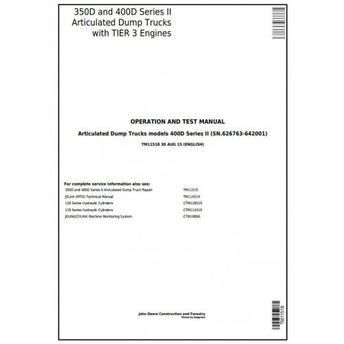 TM11518 John Deere 350D, 400D Articulated Dump Truck Pdf Diagnostic Technical Manual