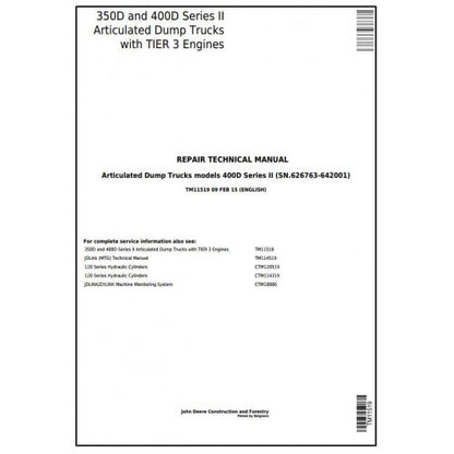 TM11519 John Deere 350D, 400D Articulated Dump Truck Pdf Technical Service Manual