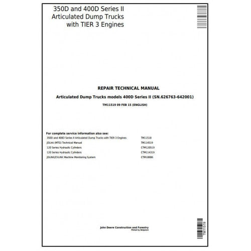 TM11519 John Deere 350D, 400D Articulated Dump Truck Pdf Technical Service Manual