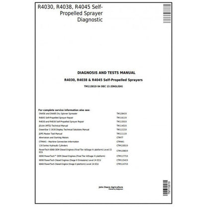 TM115819 John Deere R4030, R4038, R4045 Self-Propelled Sprayer Pdf Diagnosis and Tests Service Manual