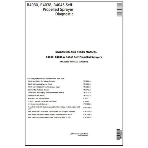 TM115819 John Deere R4030, R4038, R4045 Self-Propelled Sprayer Pdf Diagnosis and Tests Service Manual