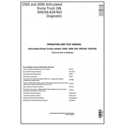 TM1160 John Deere 250D and 300D Articulated Dump Truck Pdf Operation and Tests Manual