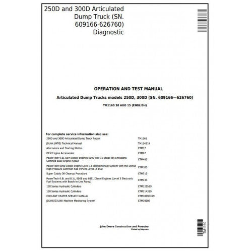 TM1160 John Deere 250D and 300D Articulated Dump Truck Pdf Operation and Tests Manual