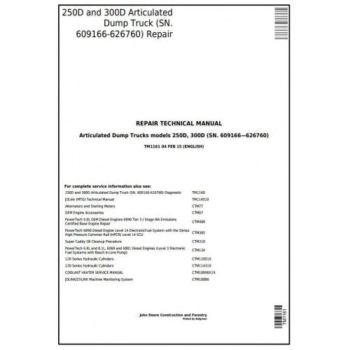 TM1161 John Deere 250D, 300D Articulated Dump Truck Pdf Technical Service Manual