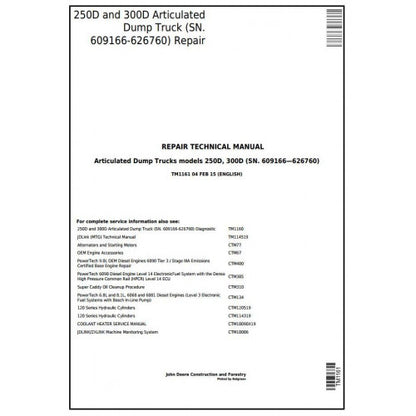 TM1161 John Deere 250D, 300D Articulated Dump Truck Pdf Technical Service Manual
