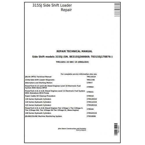 TM11651 John Deere 315SJ Side Shift Loader Pdf Repair Service Technical Manual