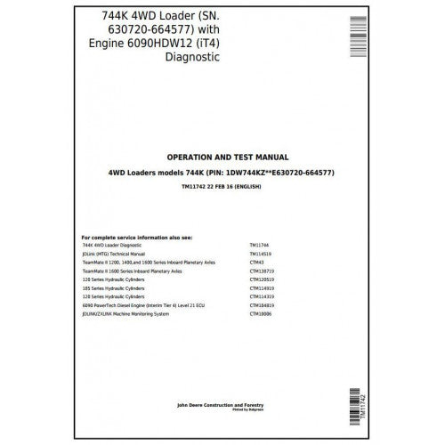 TM11742 John Deere 744K 4WD Loader Pdf Diagnostic, Operation and Test Service Manual