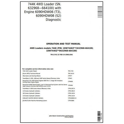 TM11743 John Deere 744K 4WD Loader Pdf Diagnostic, Operation and Test Service Manual