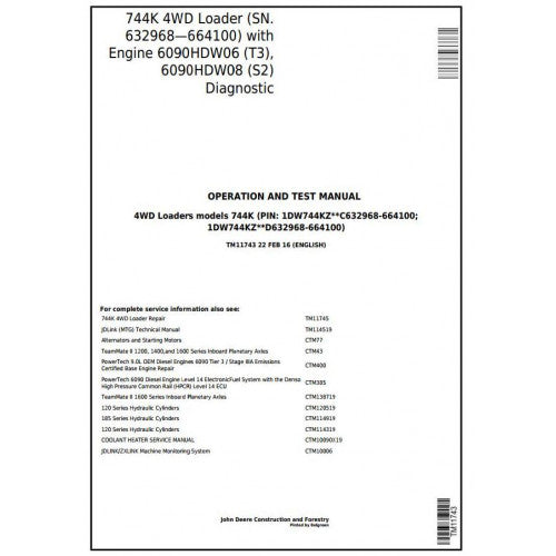 TM11743 John Deere 744K 4WD Loader Pdf Diagnostic, Operation and Test Service Manual