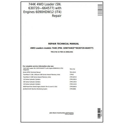 TM11744 John Deere 744K Loader Pdf Repair Service Technical Manual