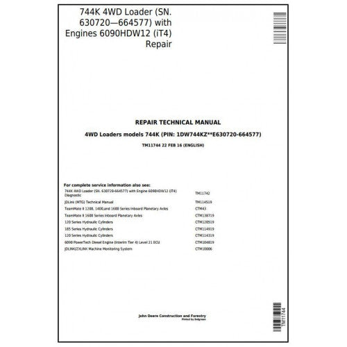 TM11744 John Deere 744K Loader Pdf Repair Service Technical Manual