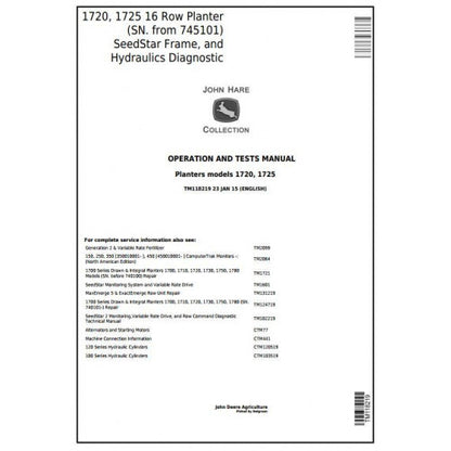 TM118219 John Deere 1720, 1725 SeedStar 16 Row Planter Pdf Operation and Tests Manual