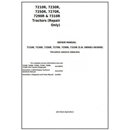 TM118919 John Deere 7210R, 7230R, 7250R, 7270R, 7290R & 7310R Tractor Pdf Repair Technical Manual