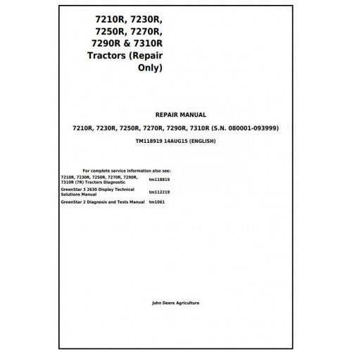 TM118919 John Deere 7210R, 7230R, 7250R, 7270R, 7290R & 7310R Tractor Pdf Repair Technical Manual