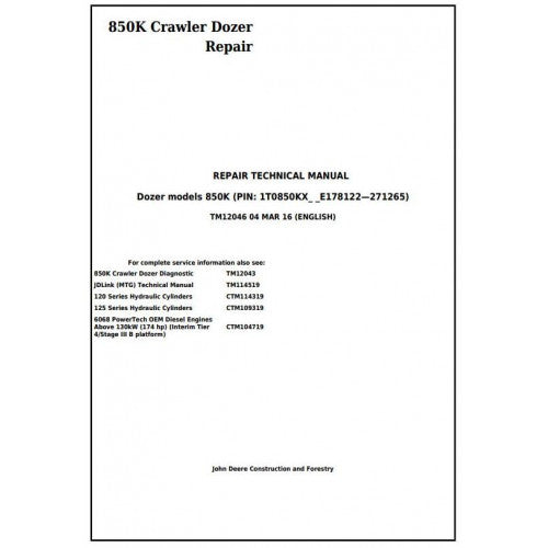 TM12046 John Deere 850K Crawler Dozer Pdf Repair Service Technical Manual