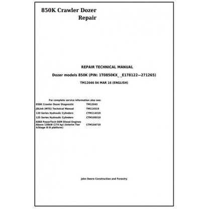 TM12046 John Deere 850K Crawler Dozer Pdf Repair Service Technical Manual