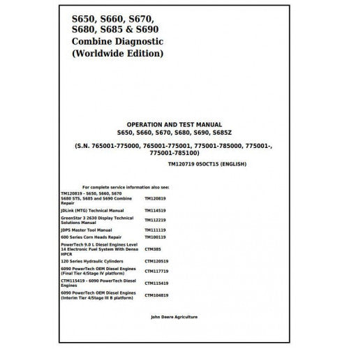 TM120719 John Deere S650, S660, S670, S680, S685, S690 Combines Pdf Operation and Tests Manual