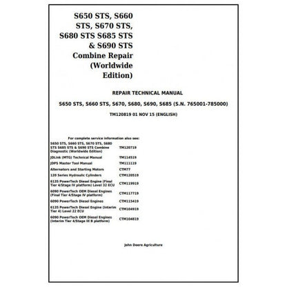 TM120819 John Deere S650, S660, S670, S680, S685, S690 STS Combines Pdf Repair Service Technical Manual