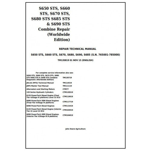 TM120819 John Deere S650, S660, S670, S680, S685, S690 STS Combines Pdf Repair Service Technical Manual