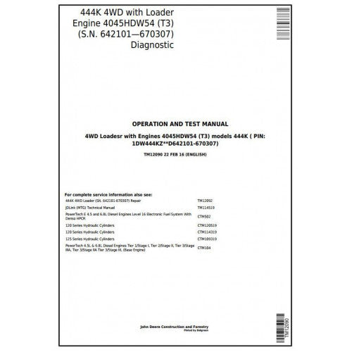 TM12090 John Deere 444K 4WD Loader Pdf Diagnostic, Operation and Test Service Manual
