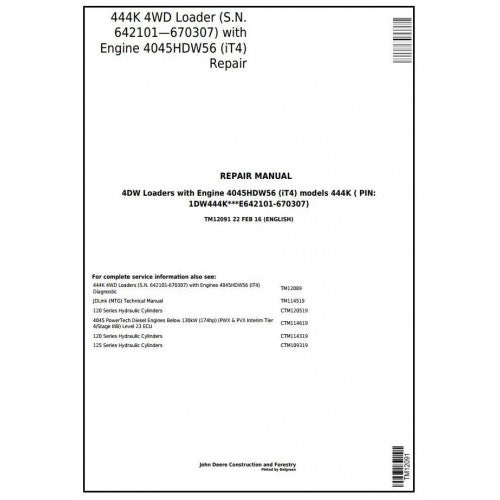 TM12091 John Deere 444K 4WD Loader Pdf Repair Service Technical Manual