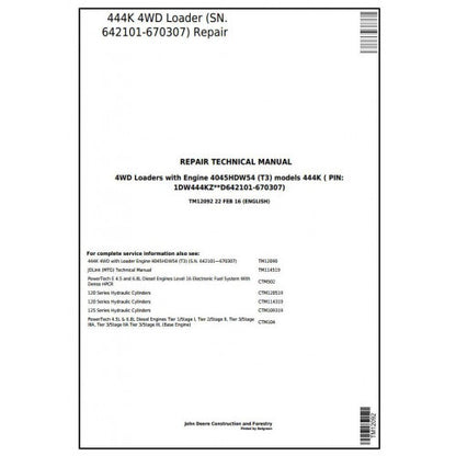 TM12092 John Deere 444K 4WD Loader Pdf Repair Service Technical Manual