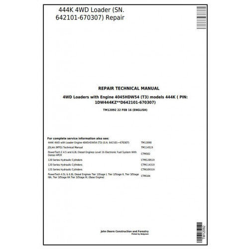 TM12092 John Deere 444K 4WD Loader Pdf Repair Service Technical Manual