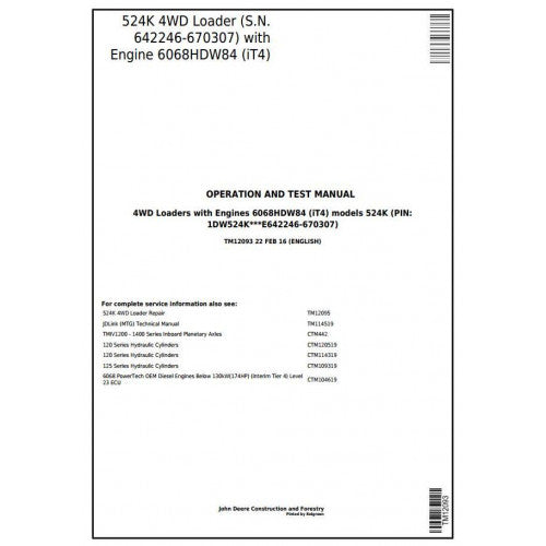 TM12093 John Deere 524K 4WD Loader Pdf Diagnostic, Operation and Test Service Manual