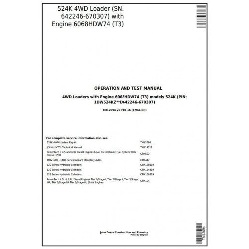 TM12094 John Deere 524K 4WD Loader Pdf Diagnostic, Operation and Test Service Manual
