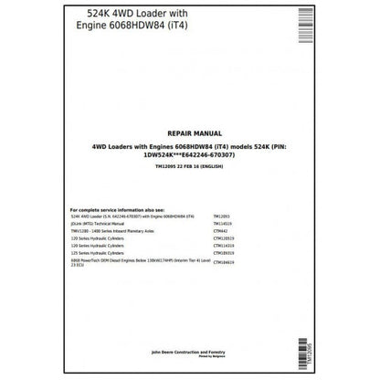 TM12095 John Deere 4WD Loader 524K Pdf Repair Service Technical Manual