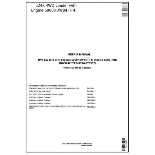 TM12095 John Deere 4WD Loader 524K Pdf Repair Service Technical Manual