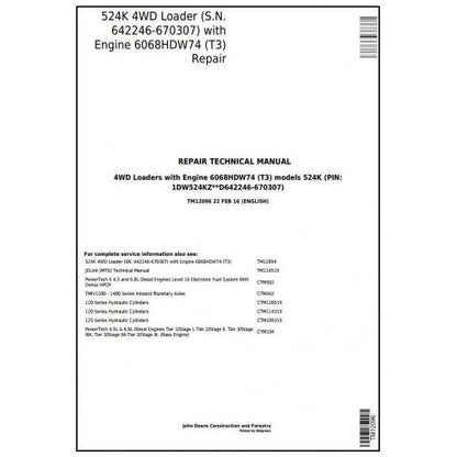 TM12096 John Deere 524K 4WD Loader Pdf Repair Service Technical Manual