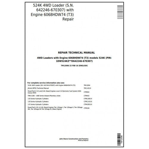 TM12096 John Deere 524K 4WD Loader Pdf Repair Service Technical Manual