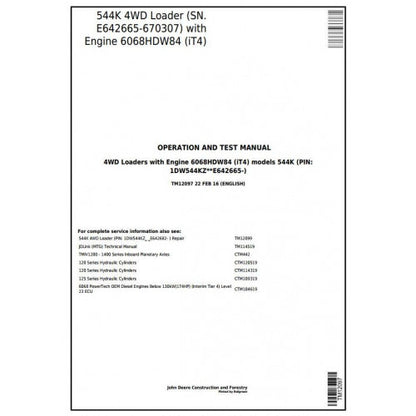 TM12097 John Deere 544K 4WD Loader Pdf Diagnostic, Operation and Test Service Manual
