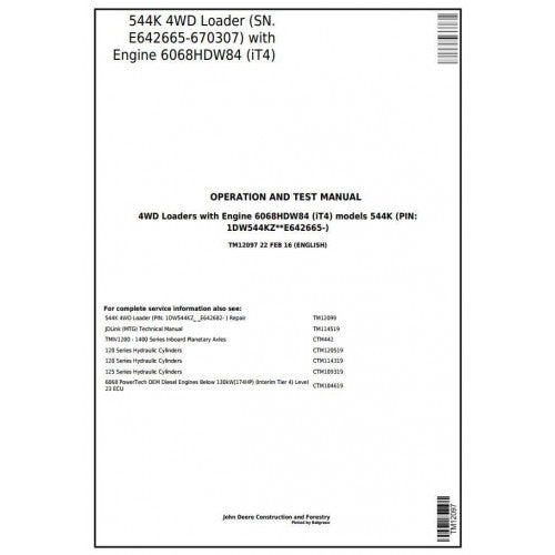 TM12097 John Deere 544K 4WD Loader Pdf Diagnostic, Operation and Test Service Manual
