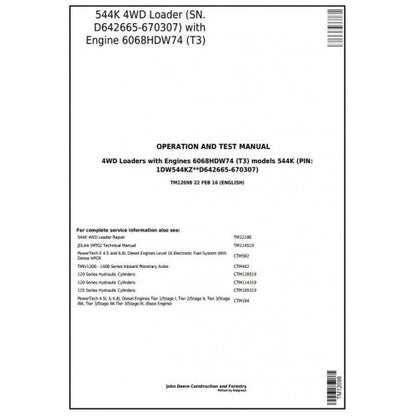 TM12098 John Deere 544K 4WD Loader Pdf Diagnostic, Operation and Test Service Manual